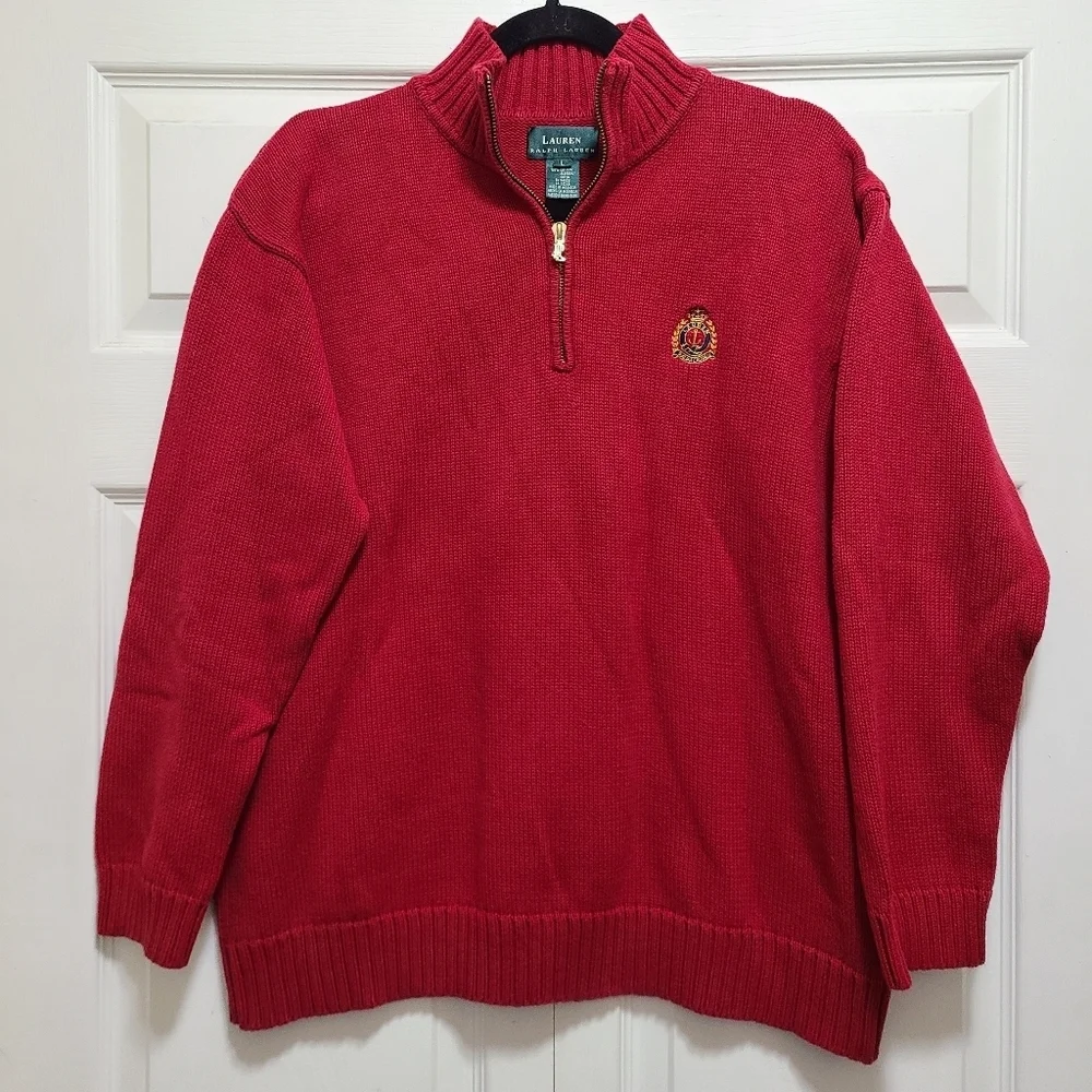 Lauren Ralph‎ Lauren Cotton Long Sleeve Crest Red Sweater Mens Large VTG EUC